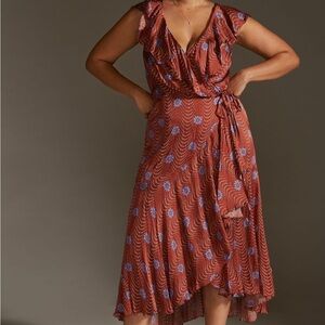 Anthropologie Ruffle Sleeve Printed Wrap
Maxi Dress Brown Silky Sz 2X NEW